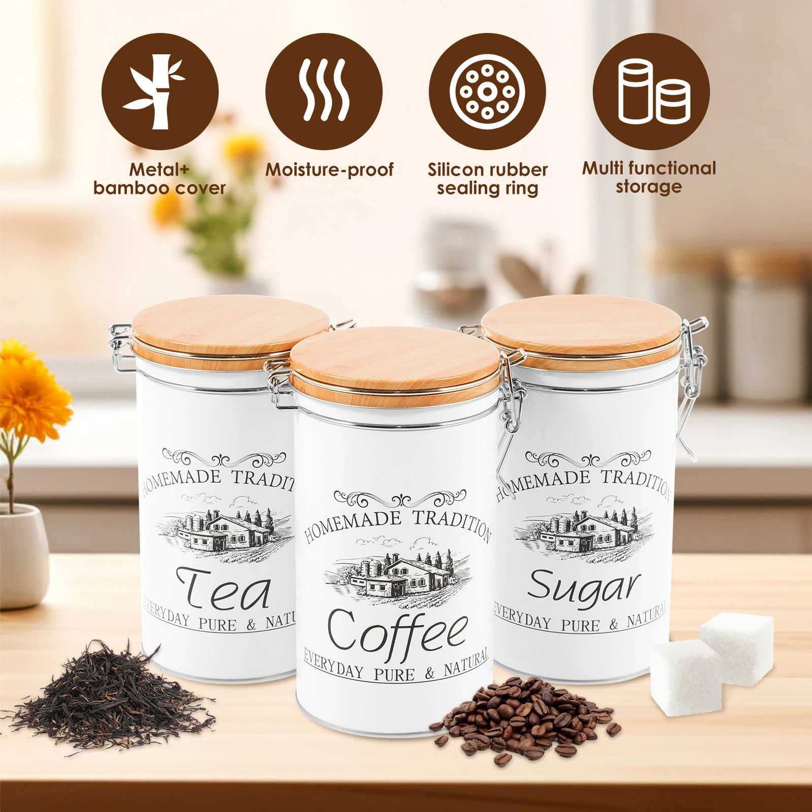 3 unids/set de botes de azúcar - Coffee Tea And Sugar Canisters reseña y precio